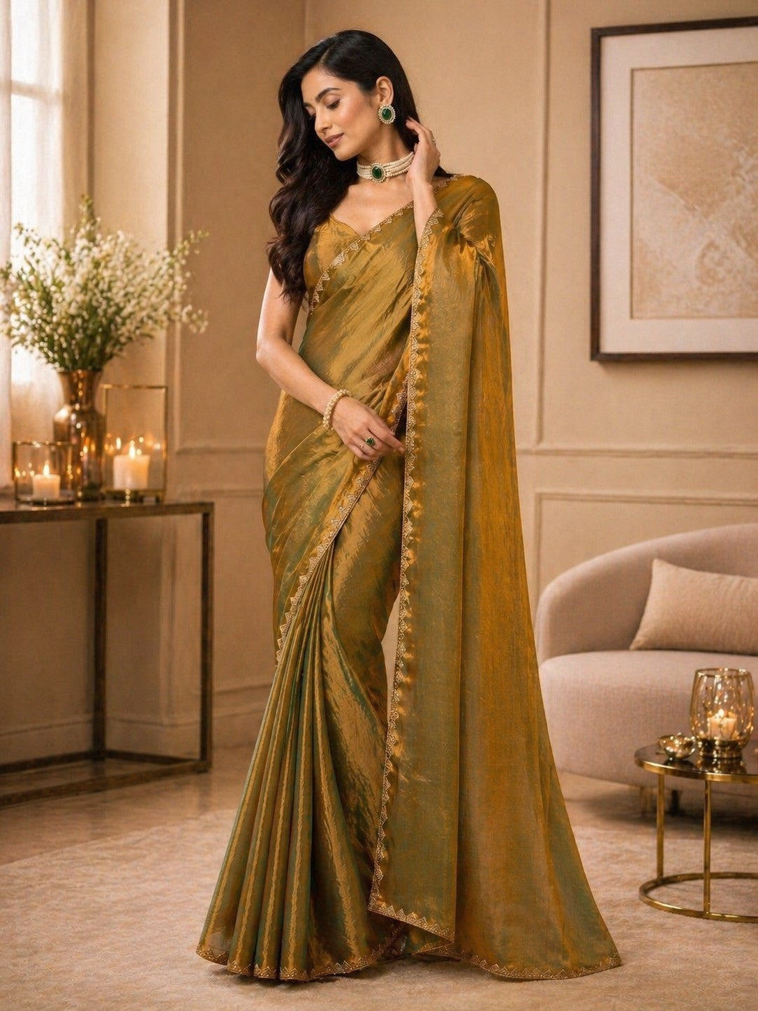 Golden Olive Shimmer Saree with Elegant Lace Border