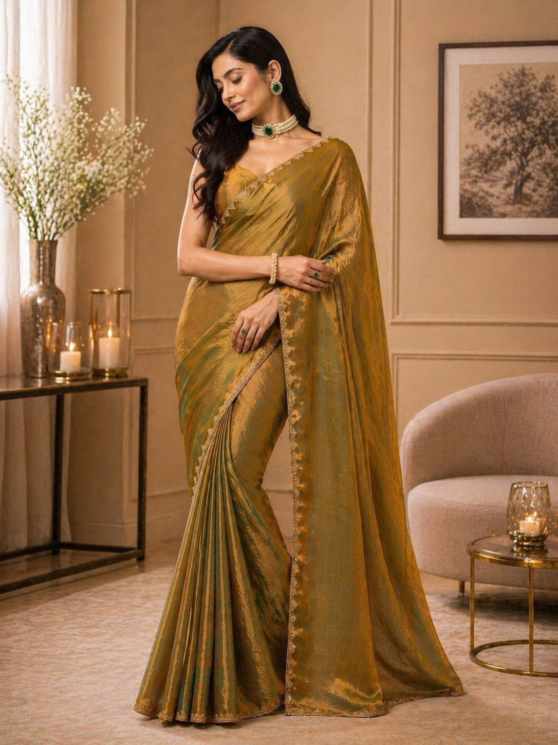 Golden Olive Shimmer Saree with Elegant Lace Border
