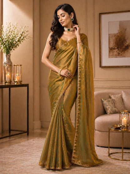 Golden Olive Shimmer Saree with Elegant Lace Border