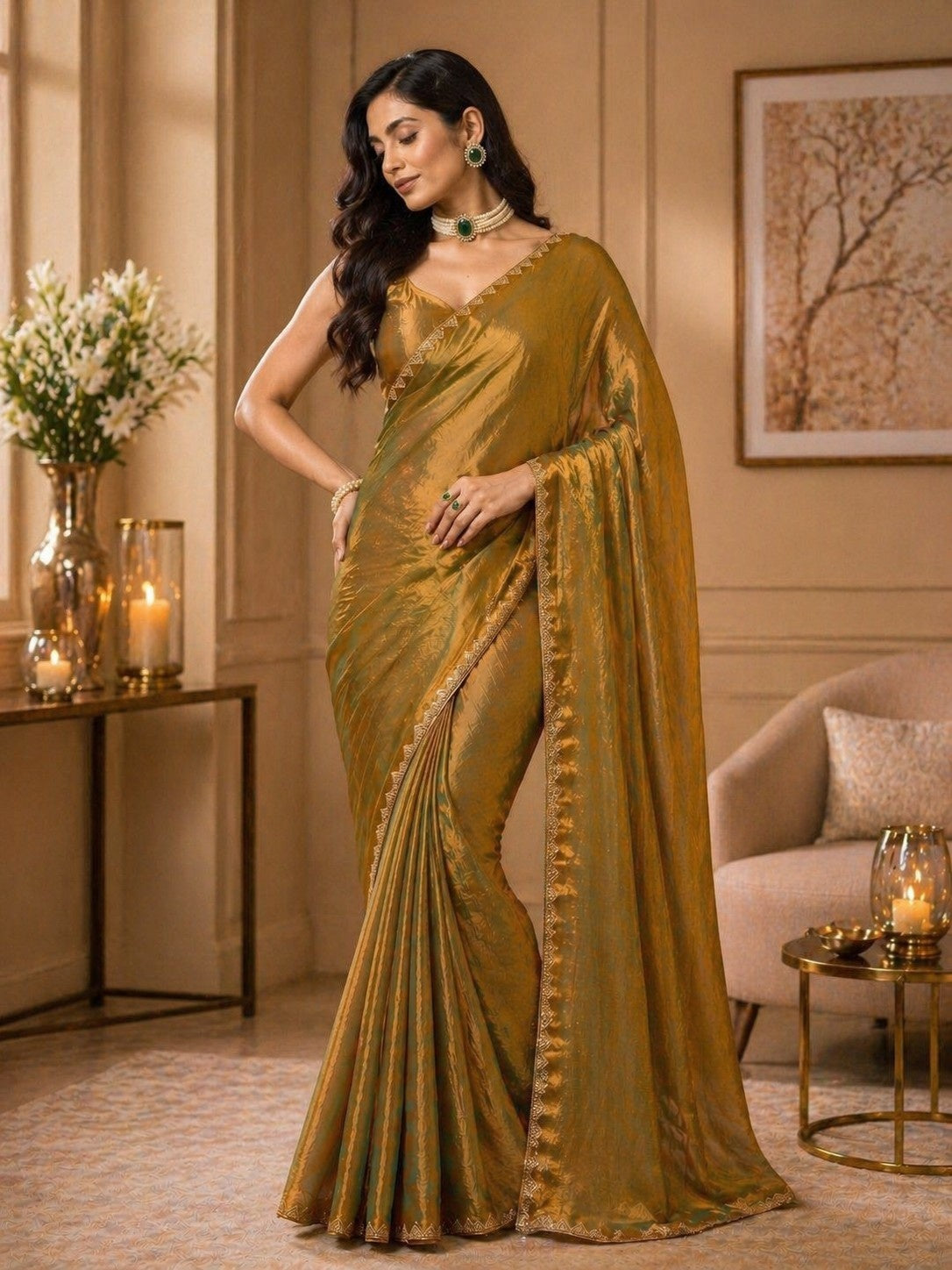 Golden Olive Shimmer Saree with Elegant Lace Border