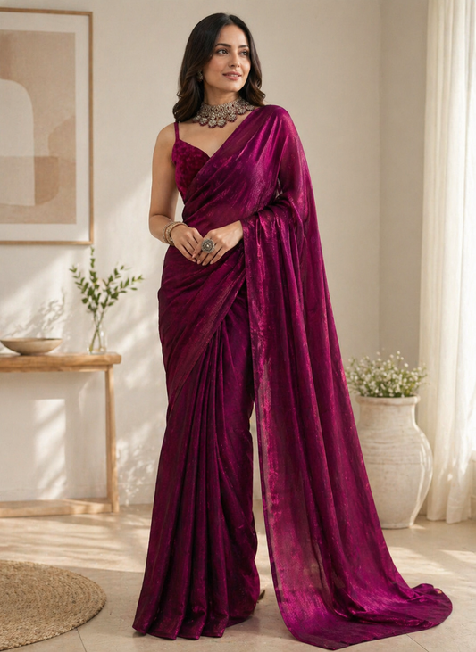 Royal Wine Shimmer Party Wear Saree with Designer Blouse Piece