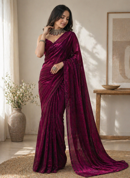 Royal Wine Shimmer Party Wear Saree with Designer Blouse Piece
