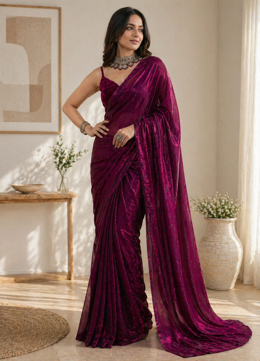 Royal Wine Shimmer Party Wear Saree with Designer Blouse Piece