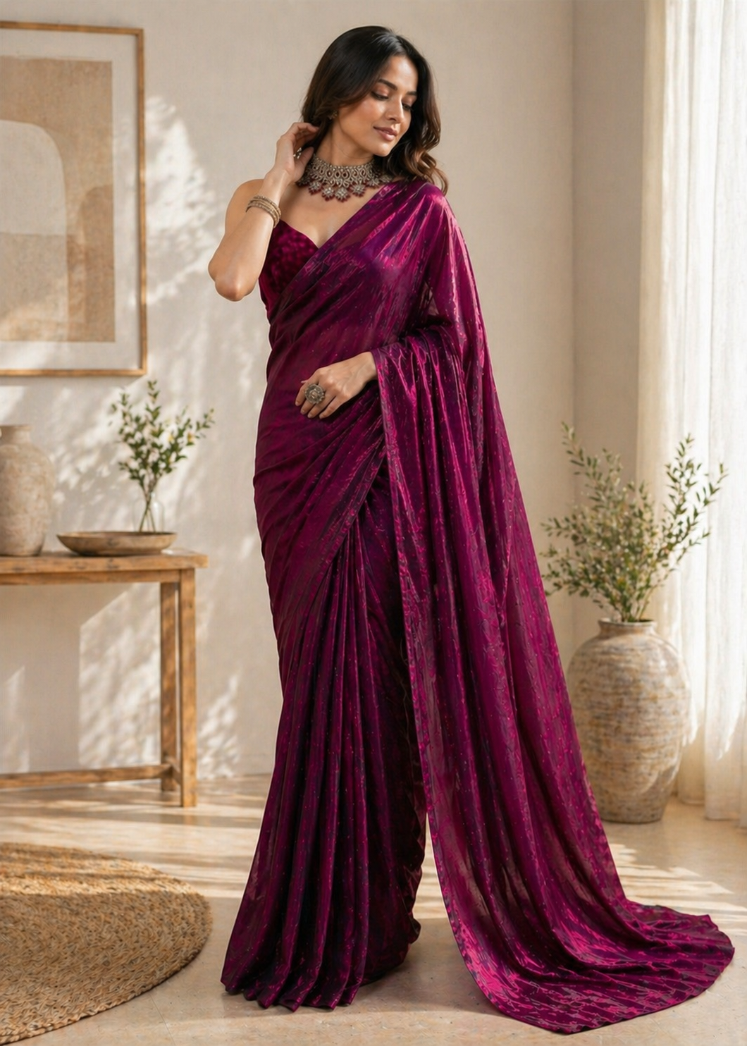 Royal Wine Shimmer Party Wear Saree with Designer Blouse Piece