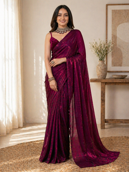 Royal Wine Shimmer Party Wear Saree with Designer Blouse Piece