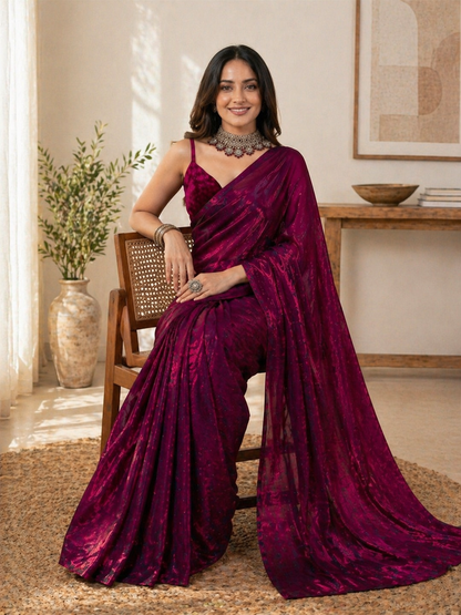 Royal Wine Shimmer Party Wear Saree with Designer Blouse Piece