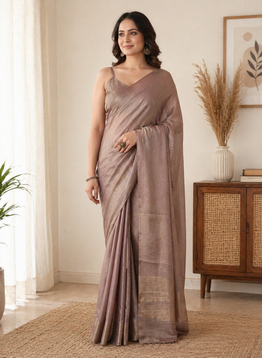 Elegant Mauve Metallic Tissue Silk Saree with Subtle Woven Design