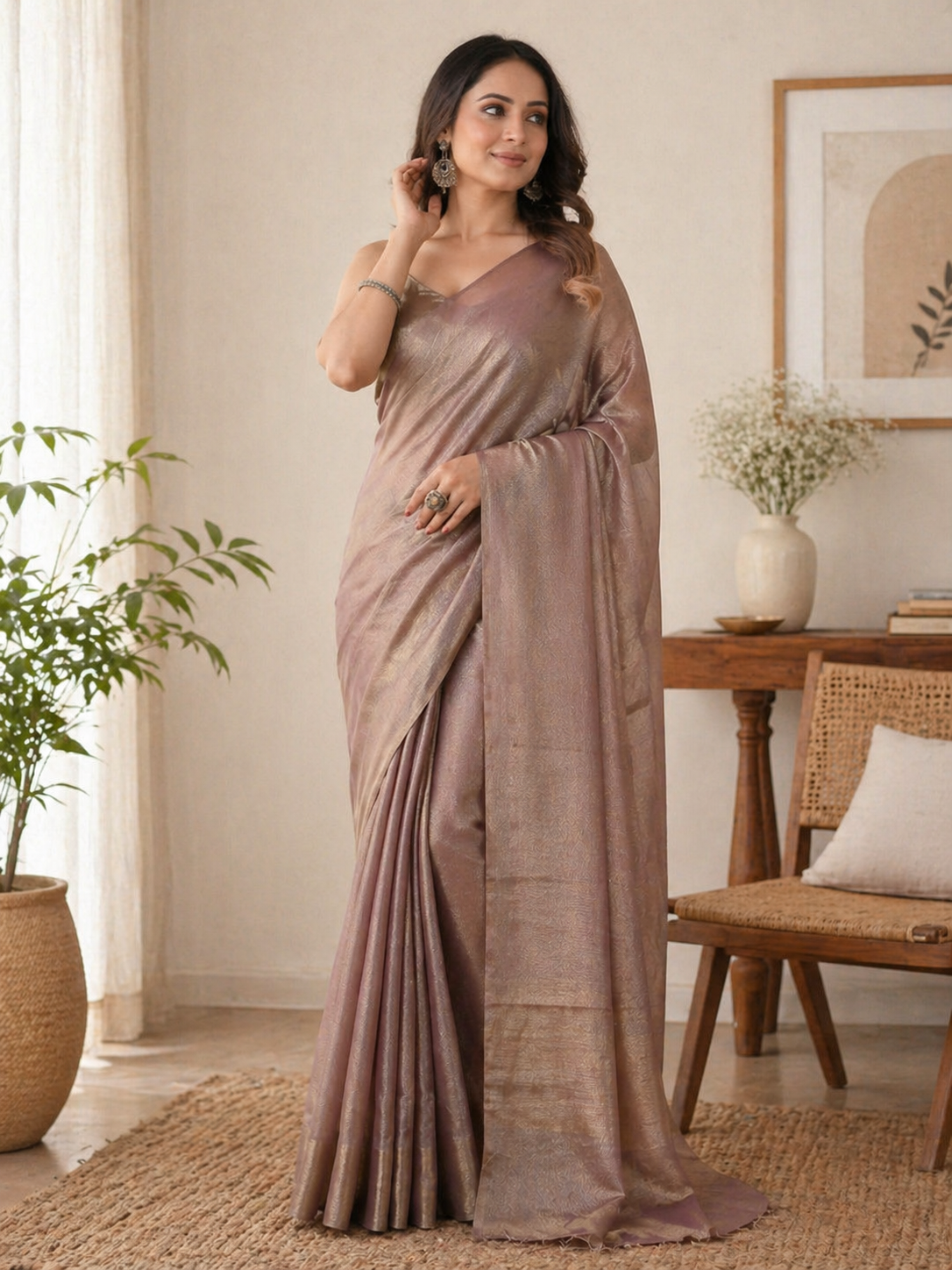Elegant Mauve Metallic Tissue Silk Saree with Subtle Woven Design
