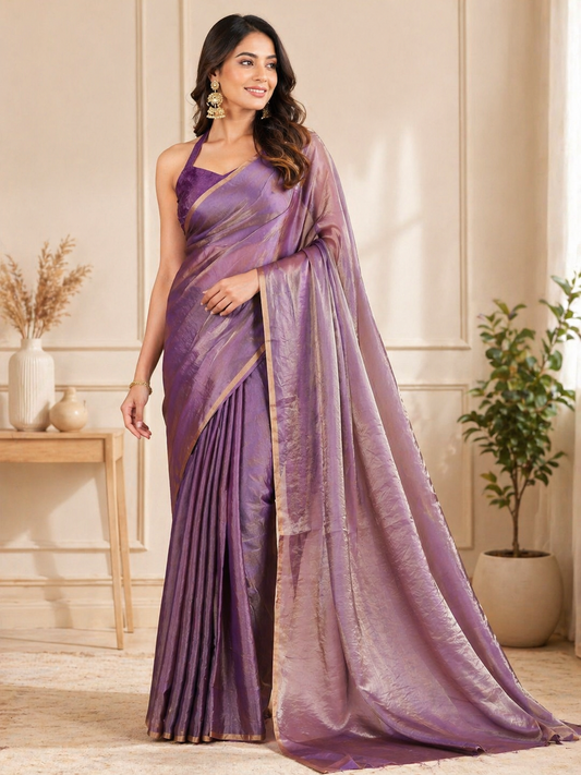 Elegant Lavender Shimmer Silk Saree with Golden Border