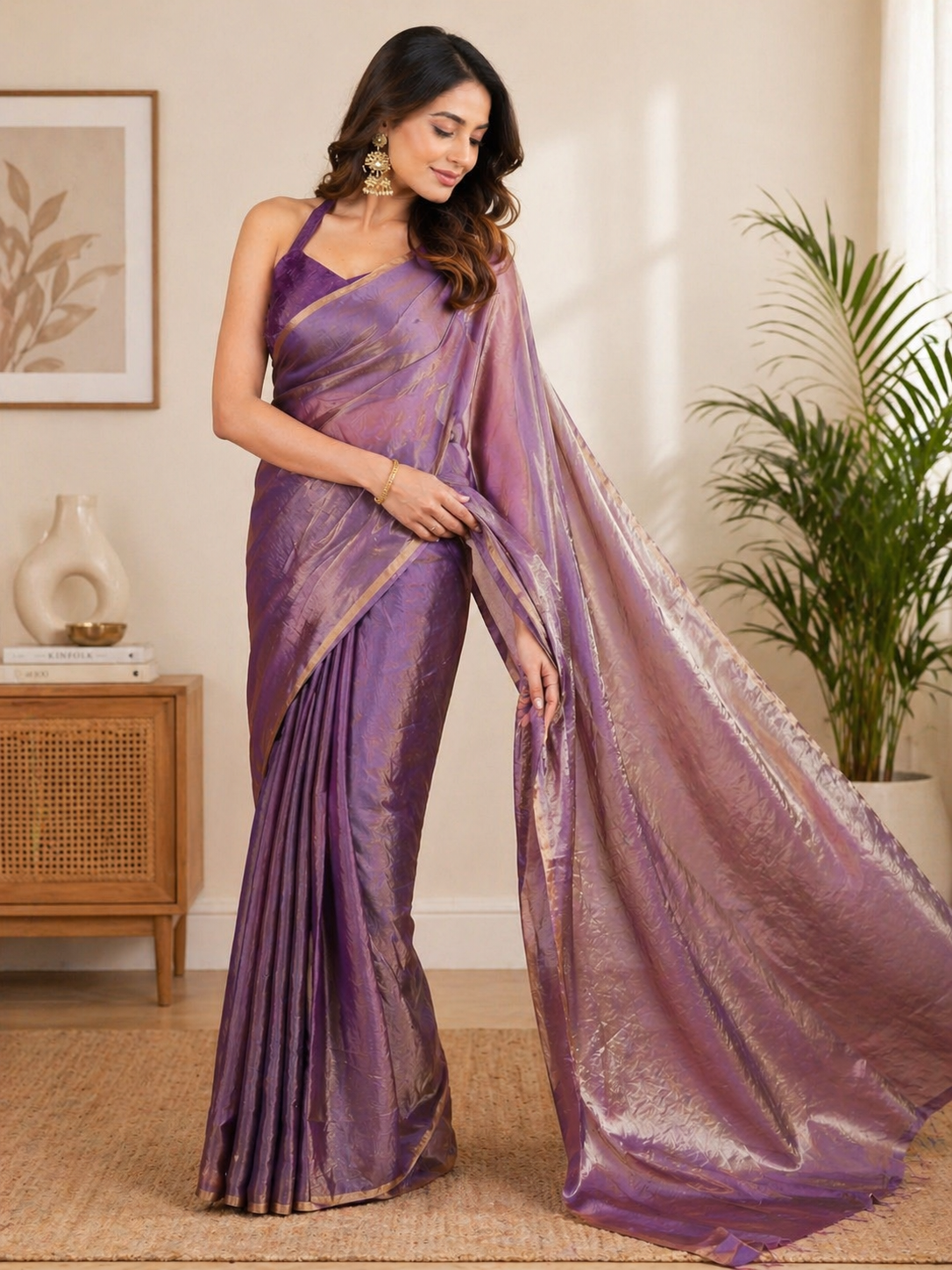Elegant Lavender Shimmer Silk Saree with Golden Border