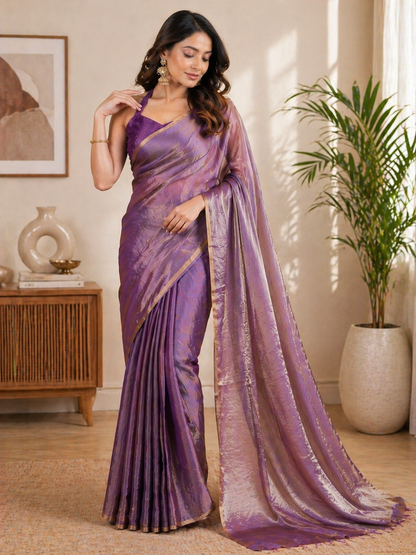 Elegant Lavender Shimmer Silk Saree with Golden Border