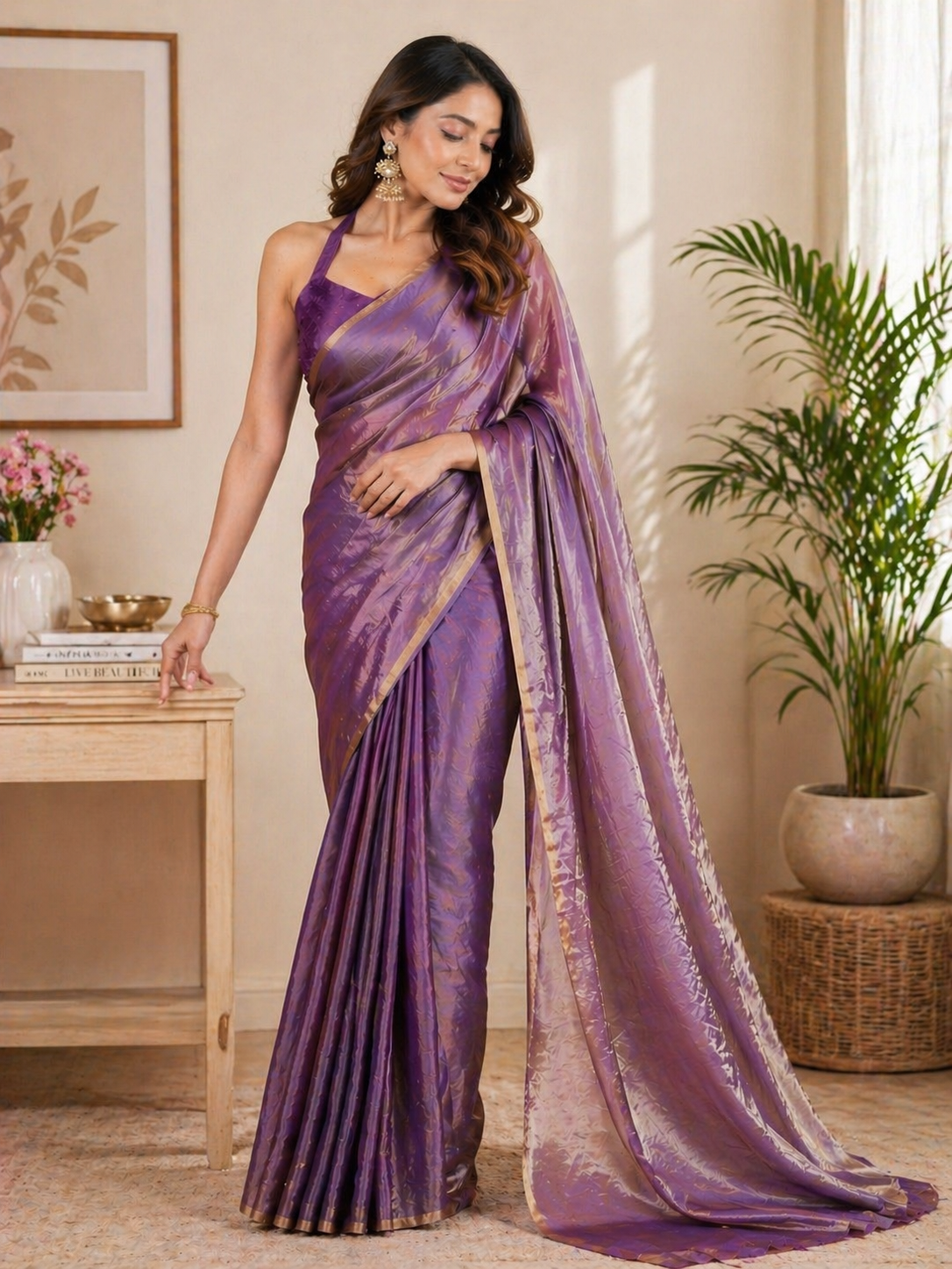 Elegant Lavender Shimmer Silk Saree with Golden Border