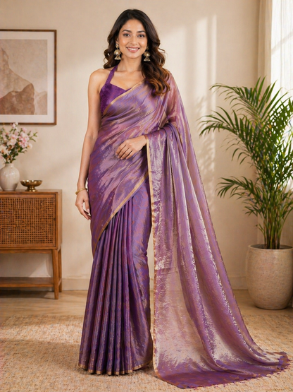 Elegant Lavender Shimmer Silk Saree with Golden Border
