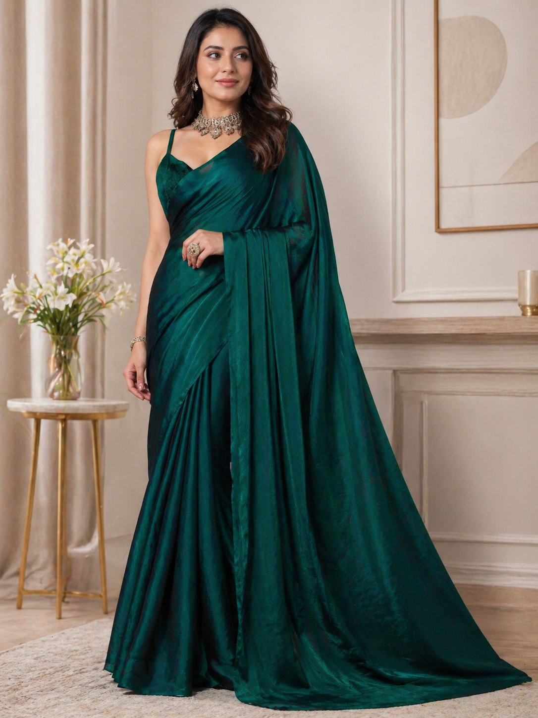 Emerald Green Shimmer Satin Saree with Designer Blouse Piece