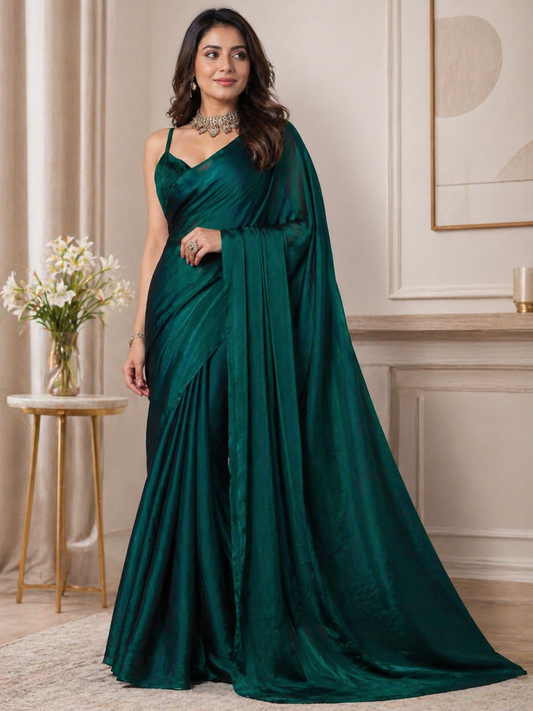 Emerald Green Shimmer Satin Saree with Designer Blouse Piece