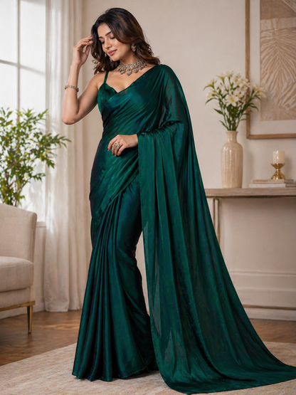 Emerald Green Shimmer Satin Saree with Designer Blouse Piece