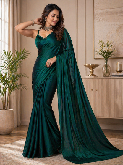 Emerald Green Shimmer Satin Saree with Designer Blouse Piece