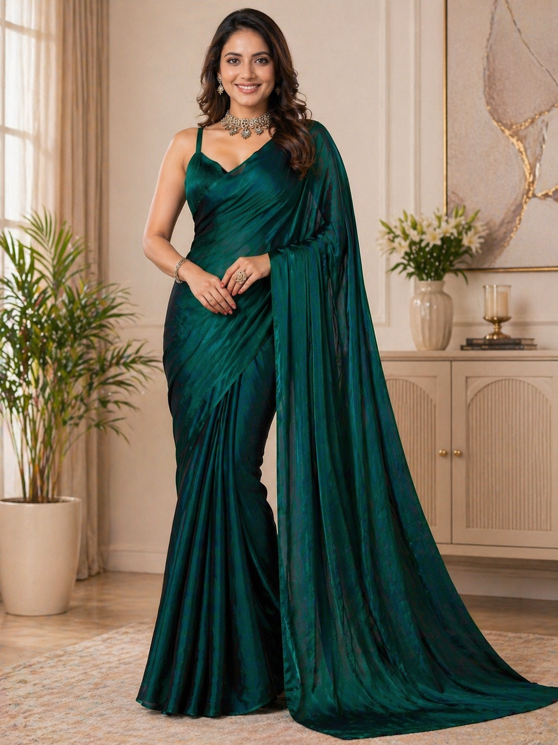 Emerald Green Shimmer Satin Saree with Designer Blouse Piece