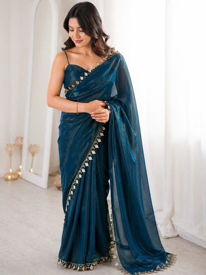 Midnight Blue Shimmer Saree with Golden Tassel Border