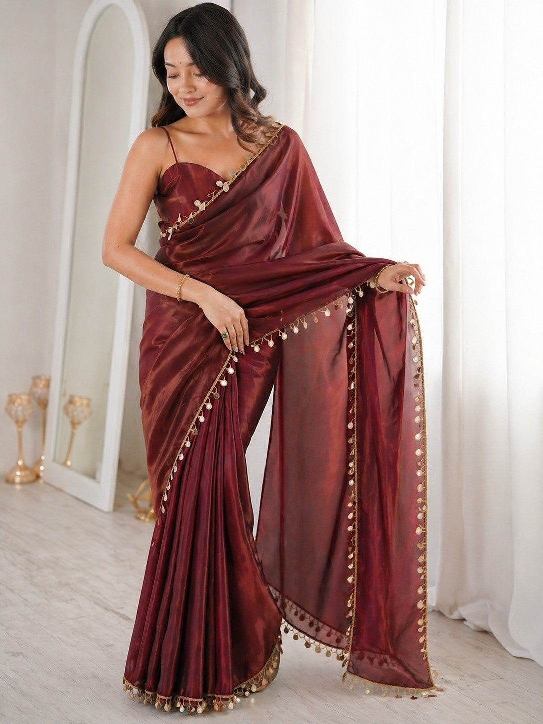 Wine Maroon Satin Silk Saree with Decorative Lace Border