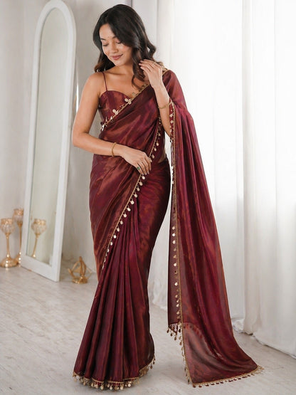 Wine Maroon Satin Silk Saree with Decorative Lace Border