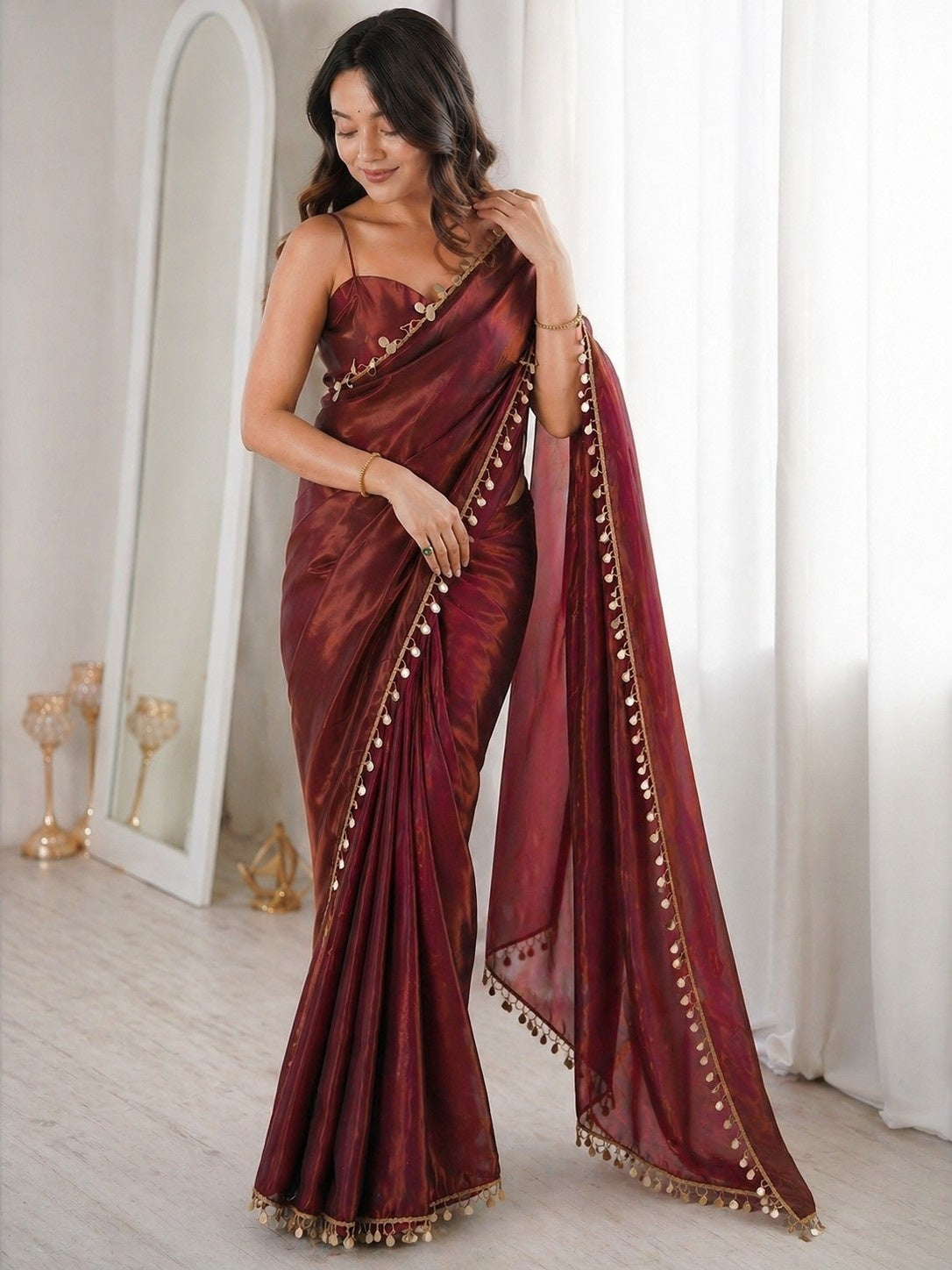 Wine Maroon Satin Silk Saree with Decorative Lace Border