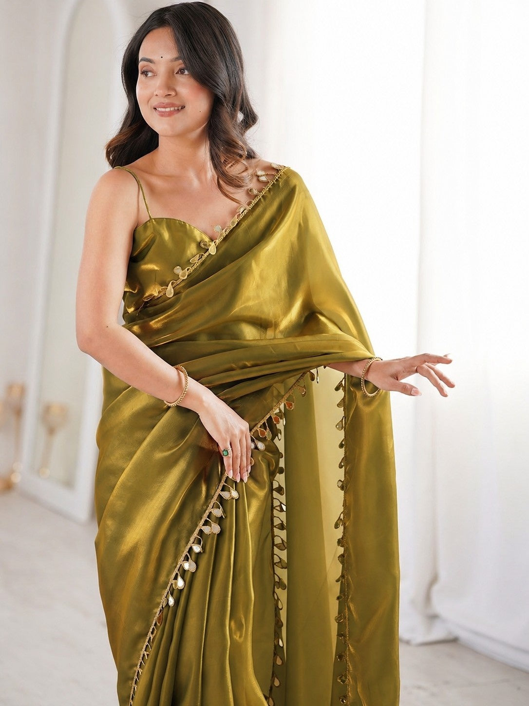 Olive Gold Shimmer Saree with Decorative Tassel Border