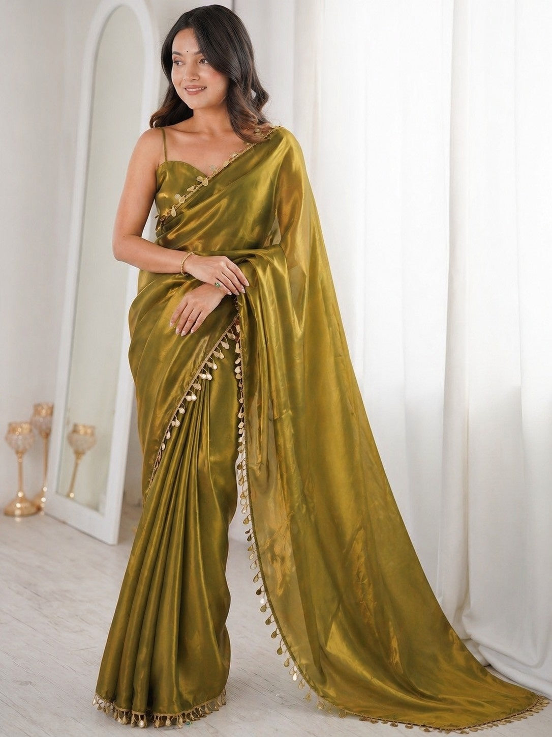 Olive Gold Shimmer Saree with Decorative Tassel Border