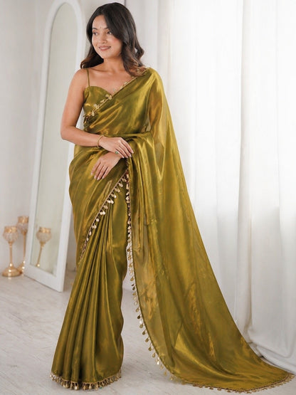Olive Gold Shimmer Saree with Decorative Tassel Border