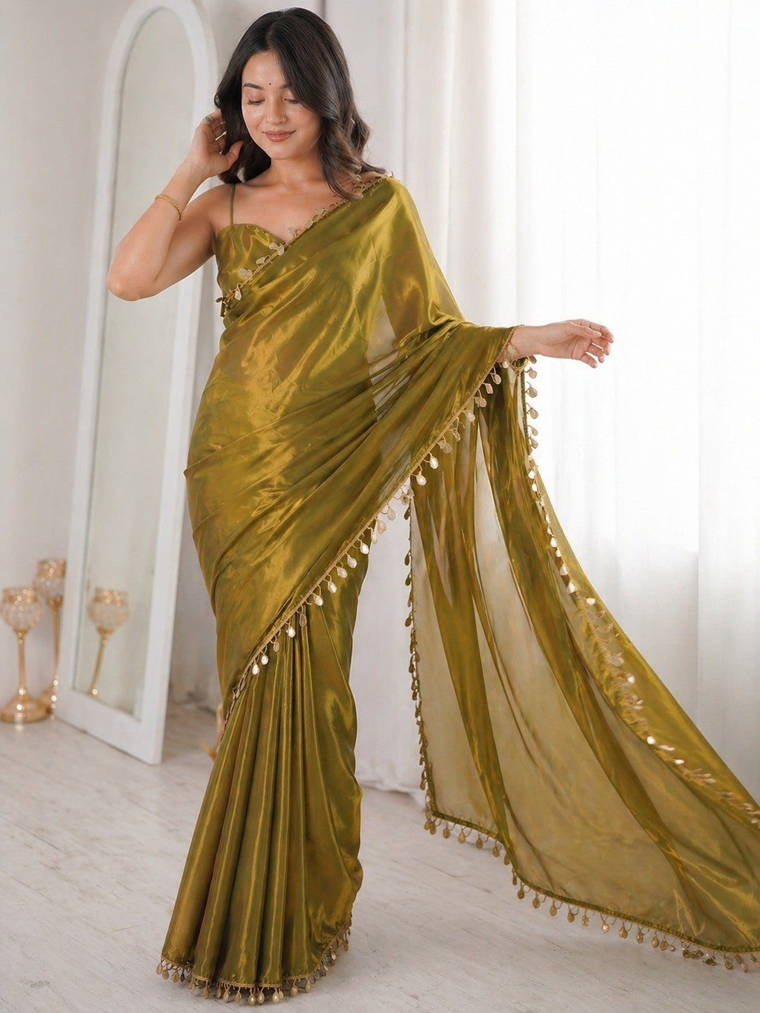 Olive Gold Shimmer Saree with Decorative Tassel Border
