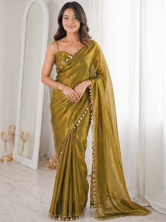 Olive Gold Shimmer Saree with Decorative Tassel Border