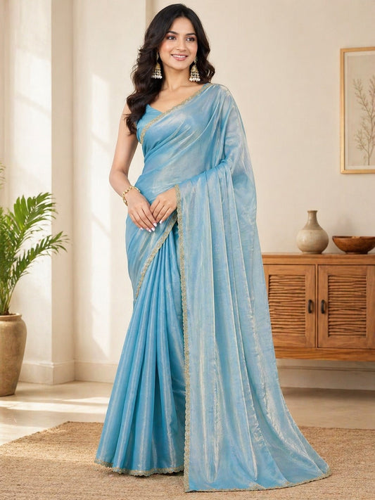 Sky Blue Shimmer Saree with Elegant Gold Lace Border
