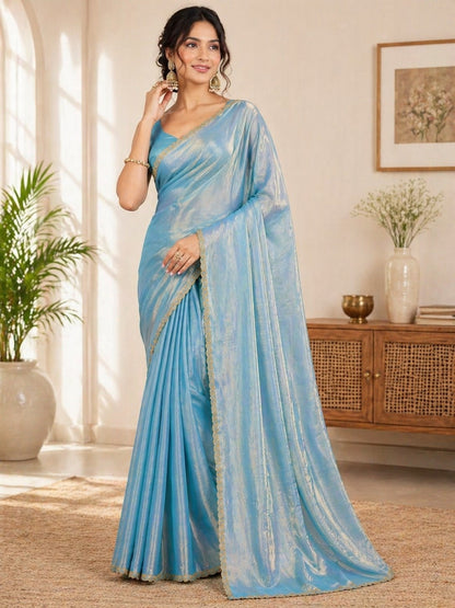 Sky Blue Shimmer Saree with Elegant Gold Lace Border