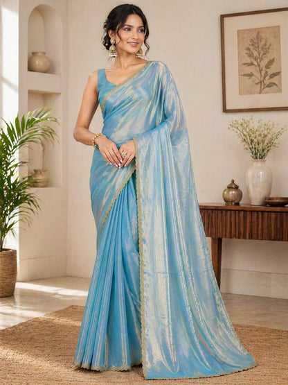 Sky Blue Shimmer Saree with Elegant Gold Lace Border