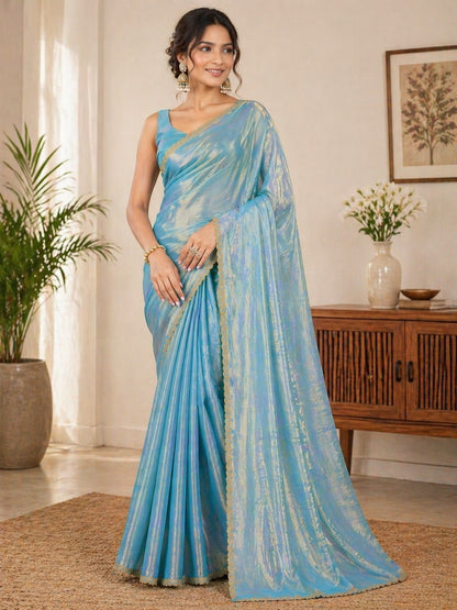 Sky Blue Shimmer Saree with Elegant Gold Lace Border