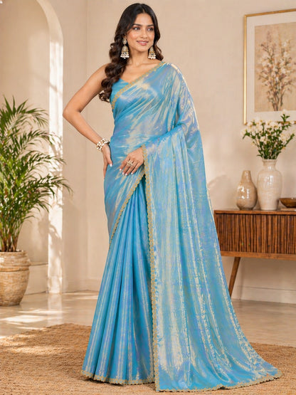 Sky Blue Shimmer Saree with Elegant Gold Lace Border