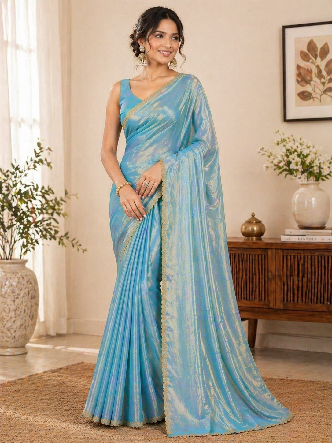 Sky Blue Shimmer Saree with Elegant Gold Lace Border