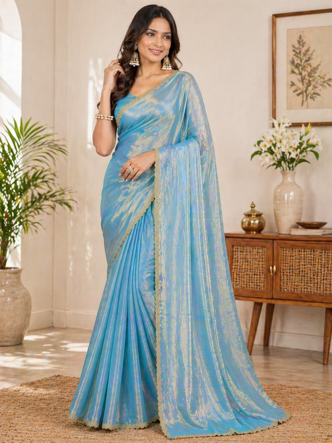 Sky Blue Shimmer Saree with Elegant Gold Lace Border