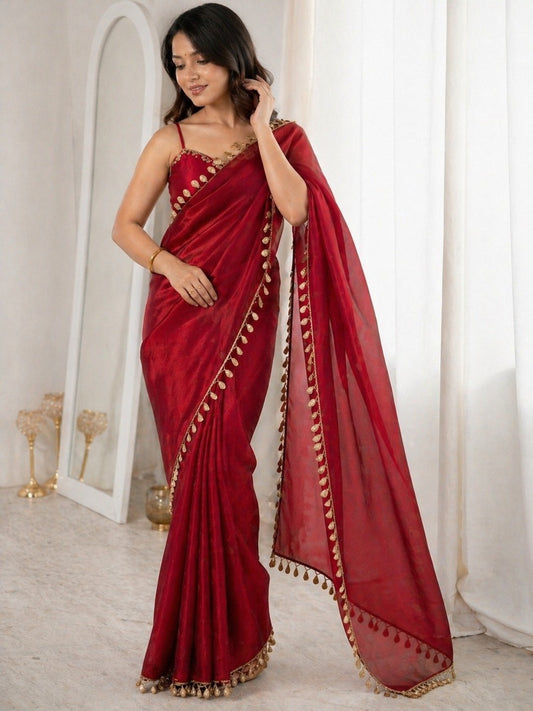 Ruby Red Organza Saree with Golden Tassel Border & Designer Blouse
