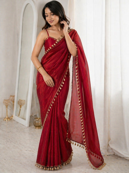 Ruby Red Organza Saree with Golden Tassel Border & Designer Blouse