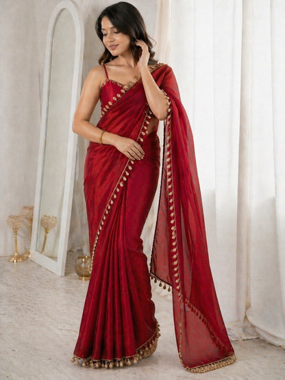 Ruby Red Organza Saree with Golden Tassel Border & Designer Blouse