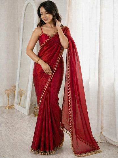 Ruby Red Organza Saree with Golden Tassel Border & Designer Blouse
