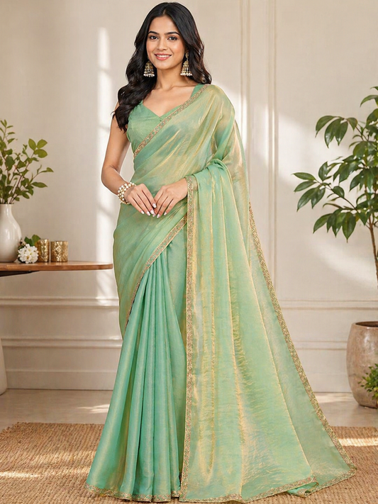 Mint Green Shimmer Silk Blend Saree with Elegant Golden Border