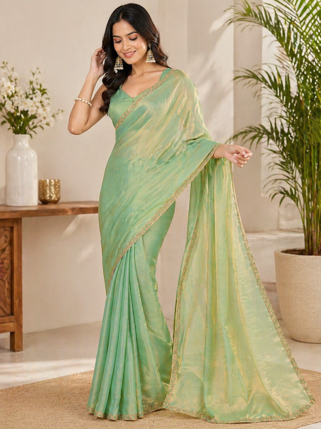 Mint Green Shimmer Silk Blend Saree with Elegant Golden Border