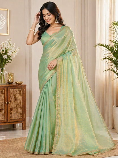 Mint Green Shimmer Silk Blend Saree with Elegant Golden Border