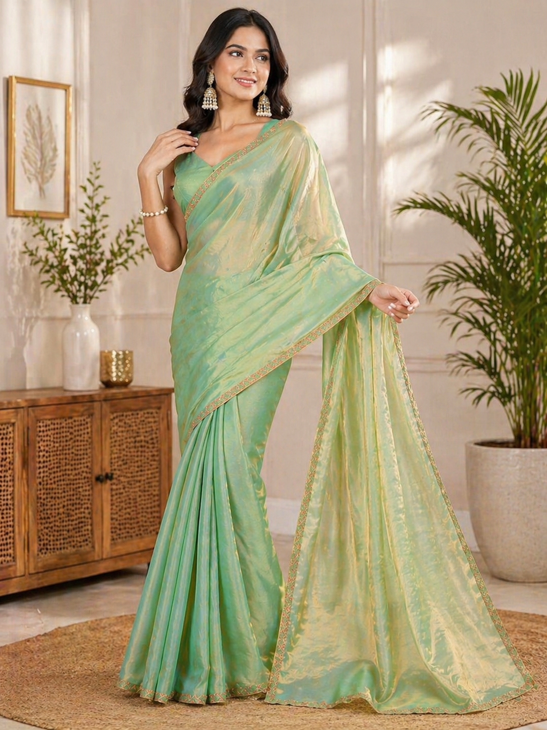 Mint Green Shimmer Silk Blend Saree with Elegant Golden Border