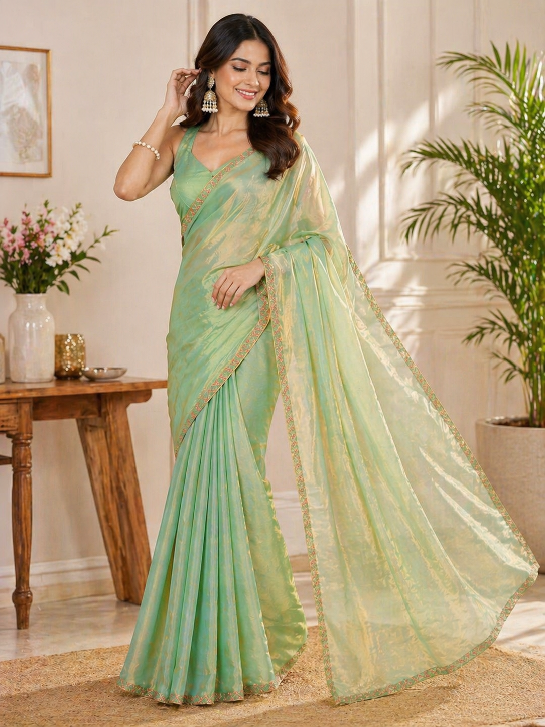 Mint Green Shimmer Silk Blend Saree with Elegant Golden Border