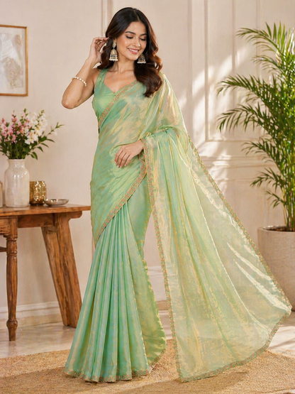 Mint Green Shimmer Silk Blend Saree with Elegant Golden Border