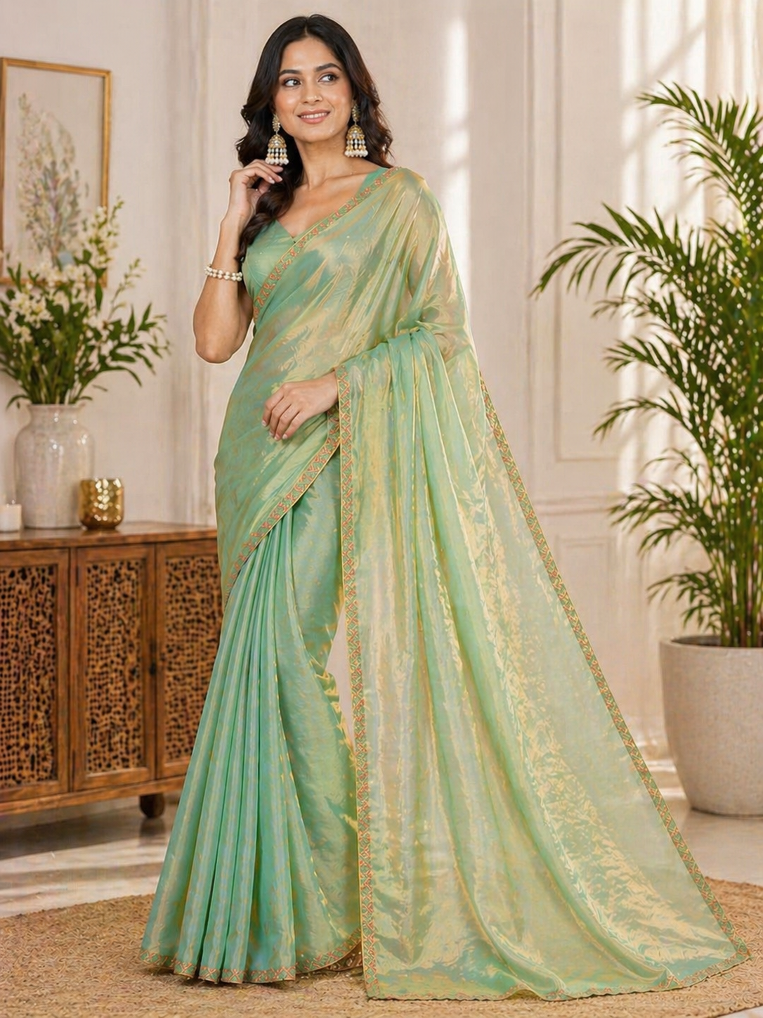Mint Green Shimmer Silk Blend Saree with Elegant Golden Border