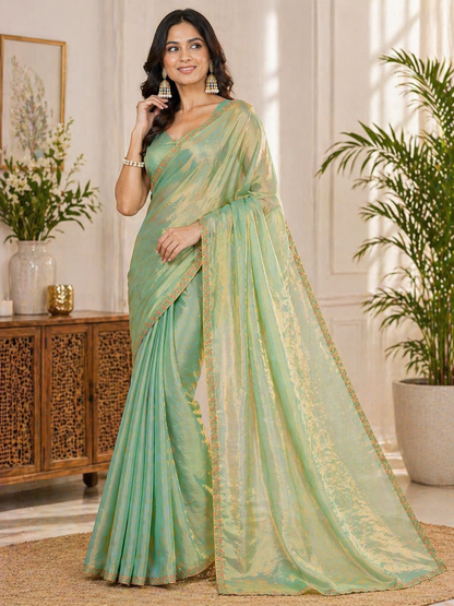 Mint Green Shimmer Silk Blend Saree with Elegant Golden Border